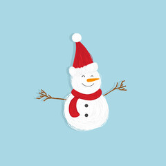 Snowman in a red hat and with a scarf on a blue background. New Year's holiday symbol. 