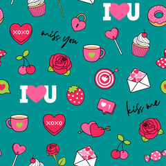 Wall Mural - Cute love symbol elements and typography design seamless pattern background for valentine’s day.