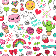 Wall Mural - Cute funny doodles seamless pattern on white background. Love concept elements for valentine's day. 