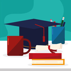 Wall Mural - graduation hat and books