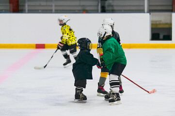 Hockey. Young athletes hockey players are training on the ice of the ice arena. Children in sports. Selective focus. Blagoveshchensk, Amur region, Russia.