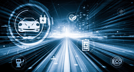 Electric car virtual reality graphic on road in fast speed EV charging station for green energy and eco power produced from sustainable source to supply to the station in order to reduce CO2 .