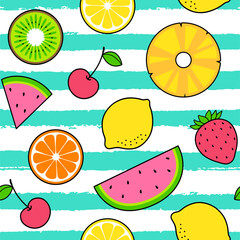 Wall Mural - Colorful tropical fruits seamless pattern with striped background.