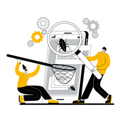 Wall Mural - the quality control department is looking for errors in the mobile application. vector illustration 