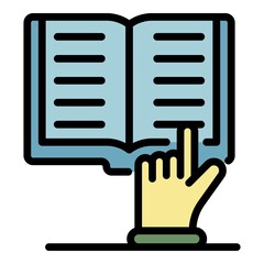 Poster - Textbook and hand icon. Outline textbook and hand vector icon color flat isolated