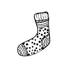 Christmas sock in doodle style, item of clothing.