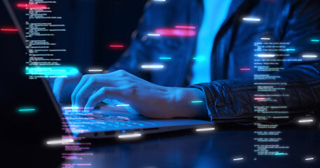 business man using computer hand close up futuristic cyber space and decentralized finance coding ba
