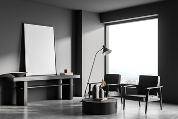 Dark living room interior with empty white poster, two armchairs