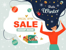 Hello Winter. Winter Sale. Beautiful Smiling Girl With An Inscription In Her Hair. Holiday Symbols. Cute Background For Text. Vector Illustration.