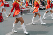 Young girls drummer at the parade. Street performance. Majorettes in the parade