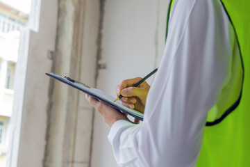 Wall Mural - home inspector engineer in green reflective jacket checking review document and inspecting with clipboard at construction site building interior, construction, contractor and engineering concept