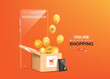 yellow balloons floated out of a parcel box with a black credit card leaning against it and there is a clear glass smartphone on the back for the online shopping concept,vector3d on orange background