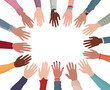 Isolated colorful hands and arms of multicultural people from different nation in circle with copy space. People diversity community. Racial equality. Man and woman diverse race