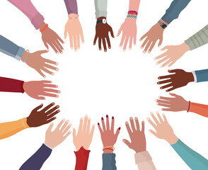 Poster - Isolated colorful hands and arms of multicultural people from different nation in circle with copy space. People diversity community. Racial equality. Man and woman diverse race