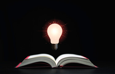 Wall Mural - Glowing lamp floats above an open book on dark background which is a symbol of study a knowledge will help solve problem and solution concept.