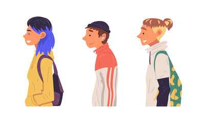 Poster - Young Man and Woman of Different Subculture in Jacket and with Backpack Side View Vector Set