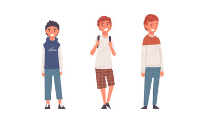 Sticker - Standing and Smiling Schoolchildren and Pupil with Backpack Vector Set