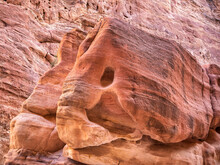 Animal Or Elephant Shaped Rock Formation. Natural Carved Shape In Reds And Desert Stone In Petra, Jordan.