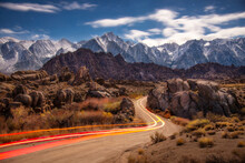 Colorful Light Trail Scenic Road With Lone Pine Of Alabama Hills, California