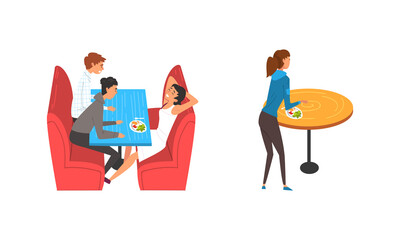 Poster - People Character Sitting at Table Eating Meal at Food Court in Shopping Mall Vector Set