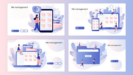 File management concept. Data storage. Folders, documents and media content. Tiny people search files. Screen template for landing page, template, ui, web, mobile app, poster, banner, flyer. Vector 