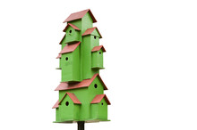 Bird's Multi Apartment Wooden House Looks Like A Dormitory Or Skyscraper Isolated On The White Background