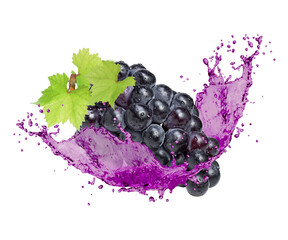 Wall Mural - Black wine grapes with juice splash isolated on white background.