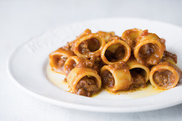 Poster - calamarata pasta in bolognese ragu meat sauce