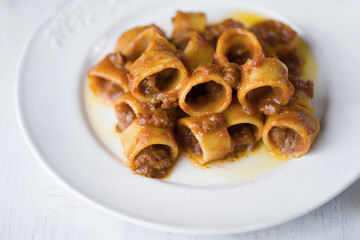 Sticker - calamarata pasta in bolognese ragu meat sauce