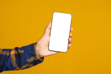 Wall Mural - technology, communication, and advertising concept. close-up of hand holding a smartphone with blank