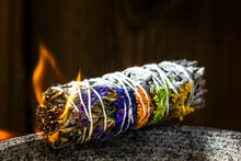 Sage Stick Smudging Ceremony. Burning Ritual For Meditation Or Yoga