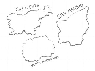  3 Europe 3D Map is composed North Macedonia, San Marino and Slovenia. All hand drawn on white background.