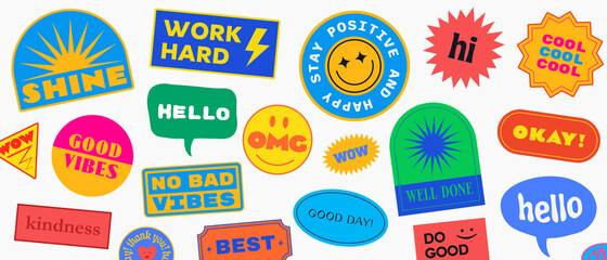 cool trendy patches vector design. abstract background with stickers. good vibes, work hard, shine a