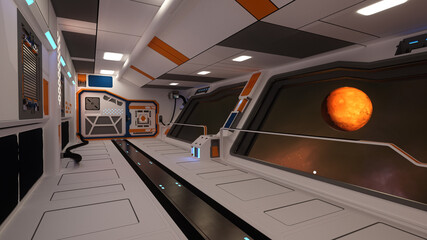 Wall Mural - 3d rendering of a view of the red planet mars through the window of a space ship.