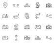 set of location line icons, route, navigation, destination