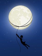 Sticker - girl hanging on the moon with rope