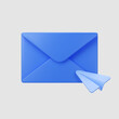 © janevasileva - 3d blue closed mail envelope icon with paper plane isolated on grey background. Render new unread email notification. 3d realistic minimal vector
