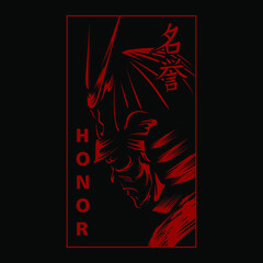 Stunning, Vibrant, Red Colored Traditional Japanese Samurai Warrior Tattoo And T-shirt Design Illustration