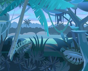 Wall Mural - jungle vector. dense thickets. view from tropical dark night forest panorama. southern rural scenery