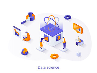 Leinwandbilder - Data science isometric web concept. People working with datum on database, analyze data and financial statistics, process information scene. Vector illustration for website template in 3d design