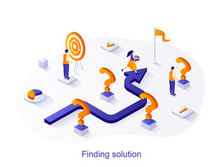 Poster - Finding solution isometric web concept. People choose direction moving to goal, aim at target, think questions. Brainstorming, creativity scene. Vector illustration for website template in 3d design