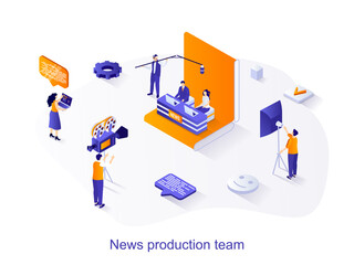 Aufkleber - News production team isometric web concept. People conduct news program, record TV shows on cameras in studio. Journalism and mass media scene. Vector illustration for website template in 3d design