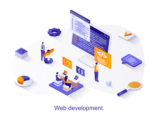 Fototapete - Web development isometric web concept. People create and optimize a web page, work with code and interface design. Programmers teamwork scene. Vector illustration for website template in 3d design