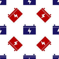 Blue and red Car battery icon isolated seamless pattern on white background. Accumulator battery energy power and electricity accumulator battery. Vector