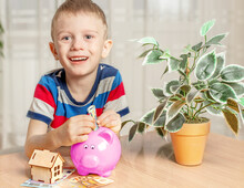 Cheerful Boy Inserting Euro Banknote Into Piggy Bank, Domestic Financial Concept