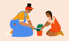 Illustration Of Mother And Young Daughter Taking Care Of Plant