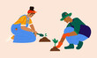 Illustration of father and daughter planting herbs in garden