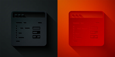 Paper cut Software, web developer programming code icon isolated on black and red background. Javascript computer script random parts of program code. Paper art style. Vector