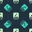 Green and beige MP3 file document. Download mp3 button icon isolated seamless pattern on blue background. Mp3 music format sign. MP3 file symbol. Vector