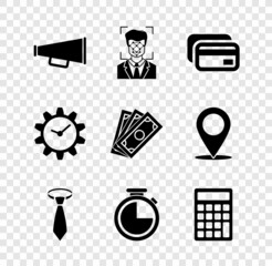 Sticker - Set Megaphone, Face recognition, Credit card, Tie, Stopwatch and Calculator icon. Vector